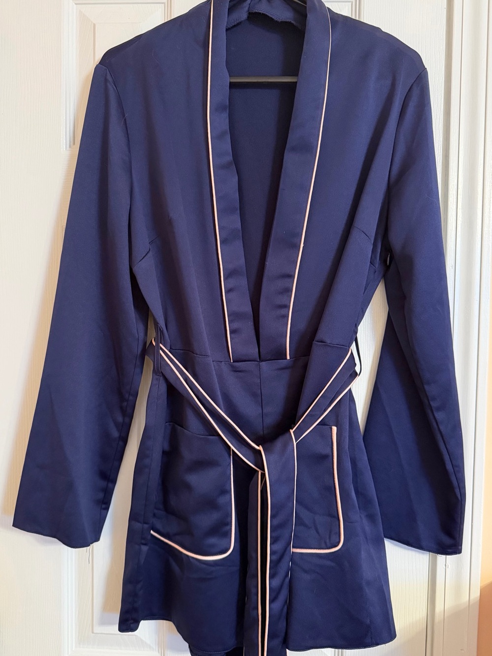 Missguided Playsuit Navy Satin Romper with Pink Piping